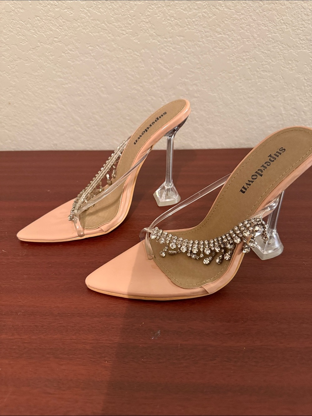Superdown Nude Patent Clear Strap Heeled Sandals with Crystal Fringe - Picture 4 of 7